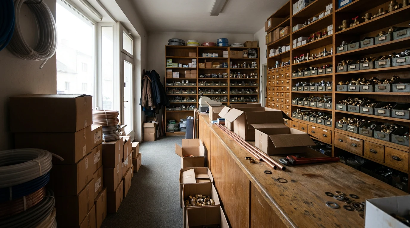 Prodejna instalatérského materiálu s regály plnými dílů